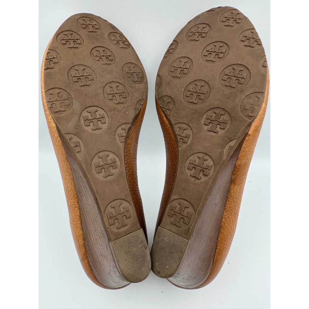 Tory Burch Sally Gold Peep Toe Wedge Heels Shoes Royal Tan‎ Leather 6.5 Designer - Picture 8 of 12